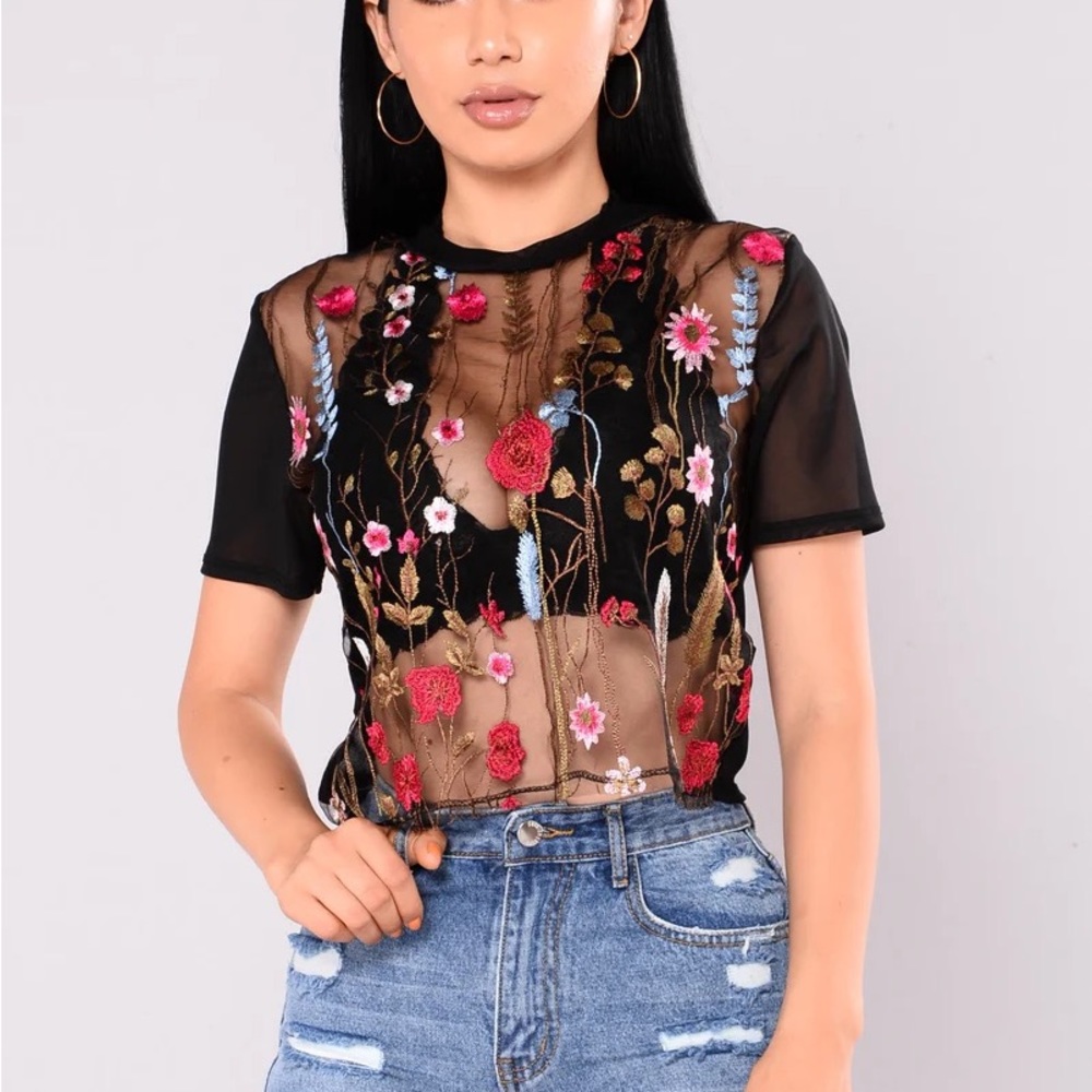 Black Floral Mesh Top